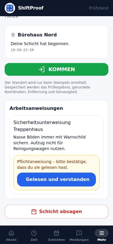 Mitarbeiteransicht mit Kommen-Schaltfläche und Arbeitsanweisung